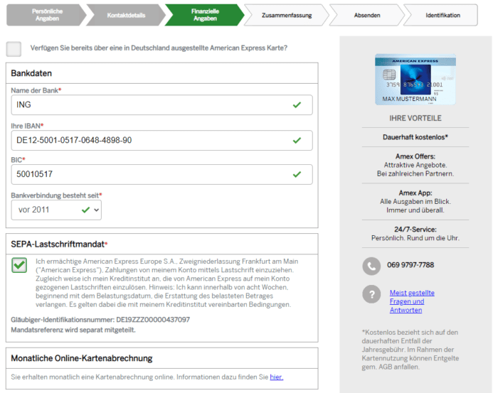 Der offene Kreditkartensaldo wird von Amex mittels SEPA-Lastschriftmandat eingezogen. Diese Erlaubnis müssen Sie der Bank im dritten Schritt erteilen.