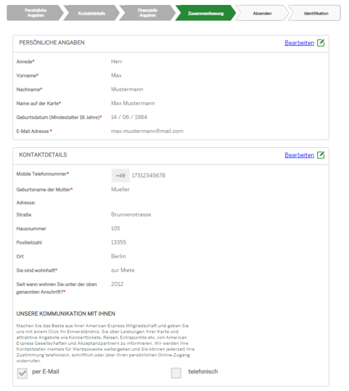 Bevor Sie den Kartenantrag absenden erhalten Sie im Zuge der Zusammenfassung noch die Möglichkeit, all Ihre Angaben zu prüfen und gegebenenfalls abzuändern.