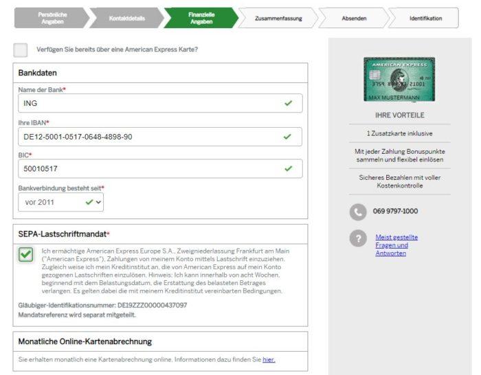 Der offene Kreditkartensaldo wird von Amex per SEPA-Lastschriftmandat eingezogen. Ihre Erlaubnis dafür holt sich die Bank im dritten Beantragungsschritt.