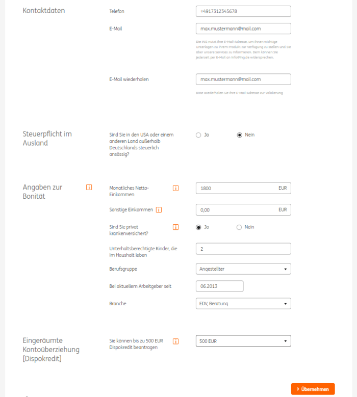 Weiter geht es mit Ihren Kontaktdaten und Angaben zu Ihrer Bonität. Ein wichtiges Thema ist hier außerdem die eingeräumte Kontoüberziehung. Sie erhalten die Möglichkeit, bis zu 500 Euro Dispositionskredit zu beantragen.